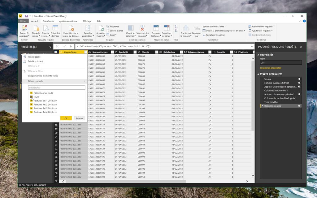 On filtre les données des colonnes, dans l'Éditeur Power Query