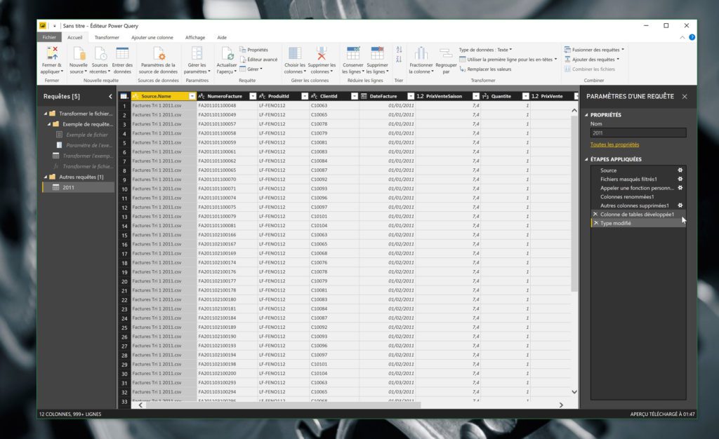 L'éditeur Power Query, avec la visualisation des données et la liste des requêtes appliquées