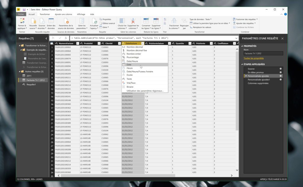 On choisit manuellement le type de chaque colonne, dans l'éditeur Power Query